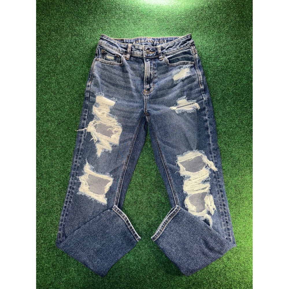 American Eagle Mom Jeans Distressed Ripped Medium Wash Denim Womens Size 0
